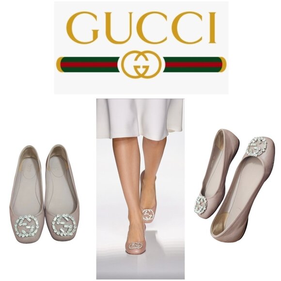 Gucci Women's Ballet Flats Pink Satin Square Toe GG Crystal Logo Designer Shoes - Picture 1 of 15